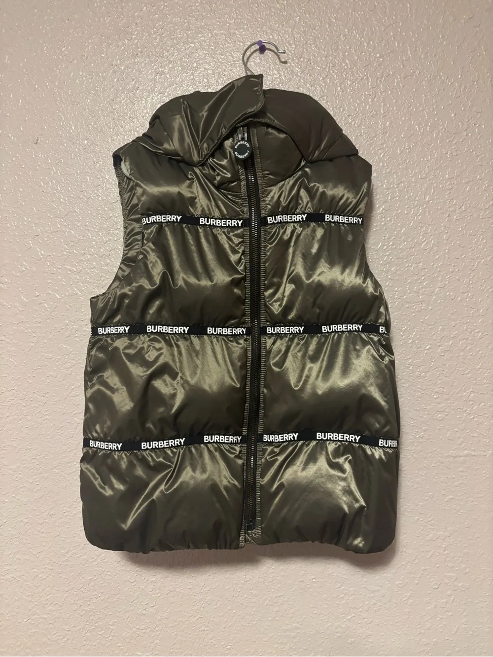 Burberry Olive Green Quilted Kids Puffer Vest with Logo Tape
